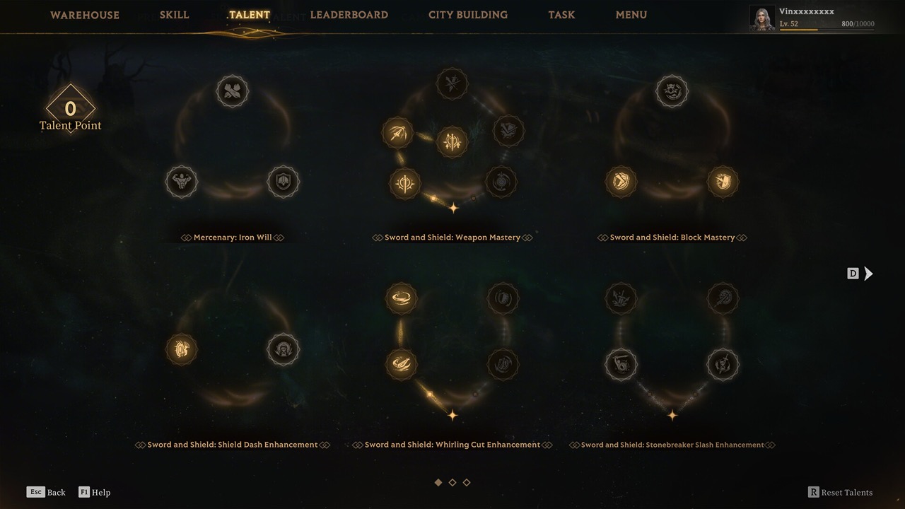 In-game hub UI with character progression systems